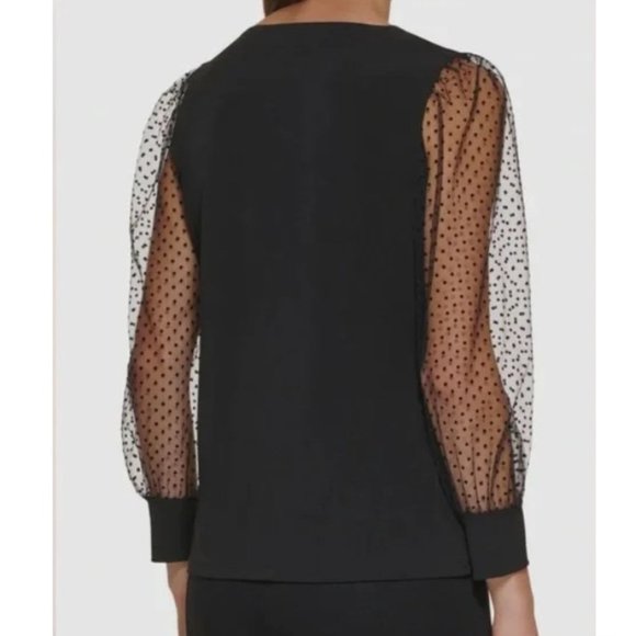NWT Calvin Klein Black Long Sleeve Sheer Mesh Polka Dot Blouse Size M - Picture 2 of 9